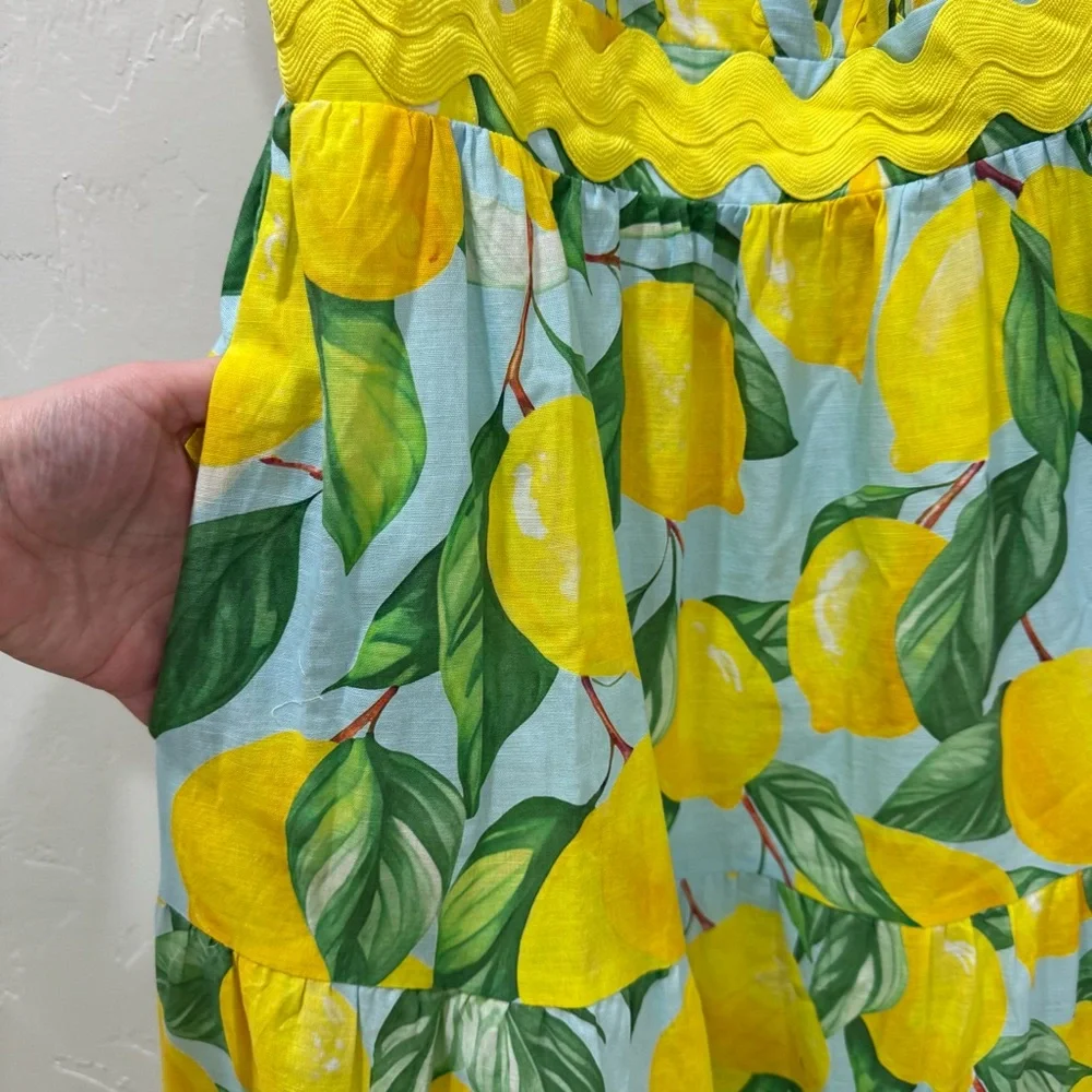 EUC Prosperina Caterina Blue Lemon Print Linen Cotton Midi Dress Women's Large - Picture 6 of 15